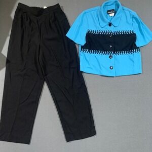 Positive Attitude Petite 2 Piece Set Size 8P Blue Black Top Pants Career